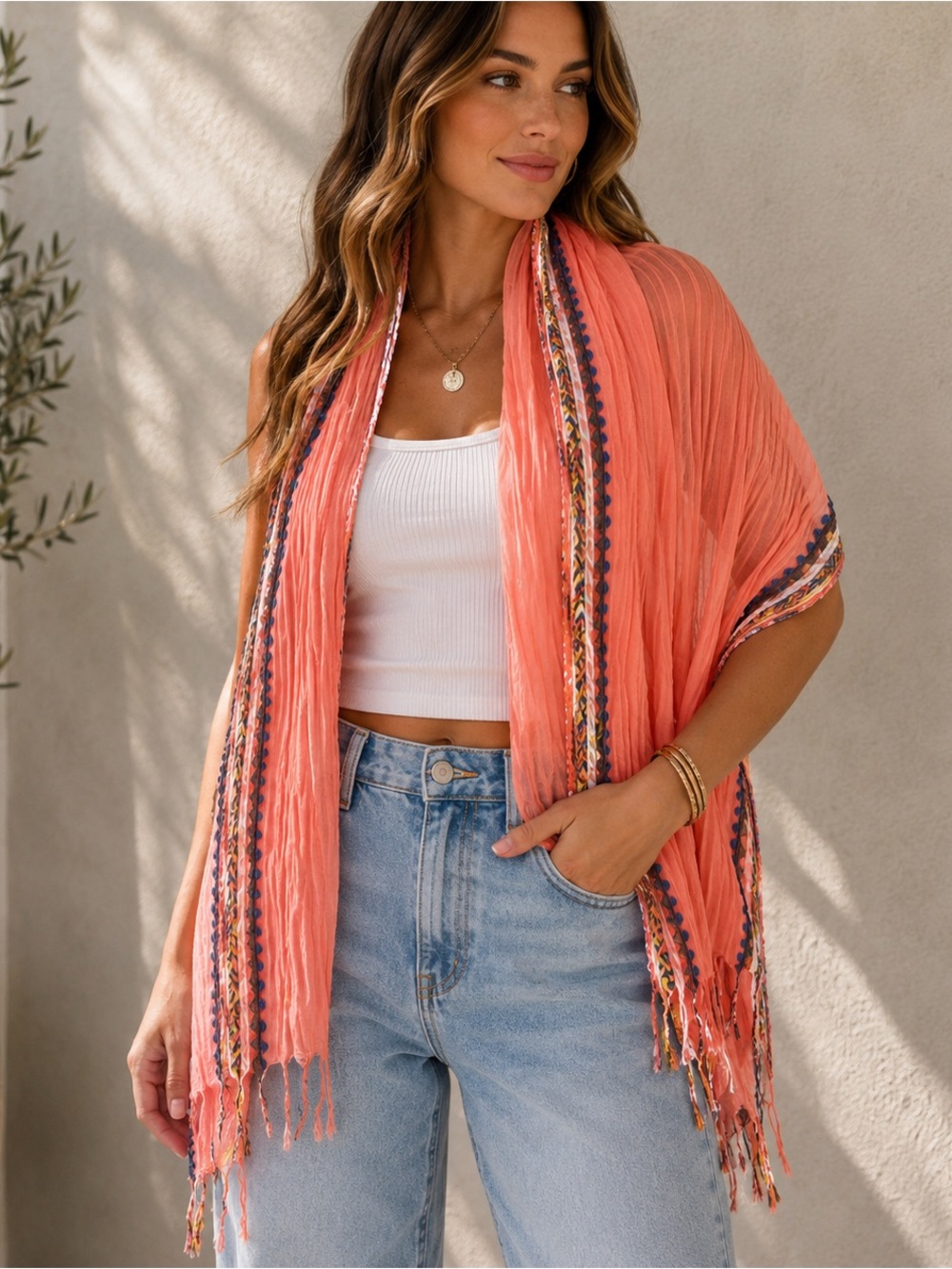 American Eagle Outfitters Coral Fringe Kimono Wrap